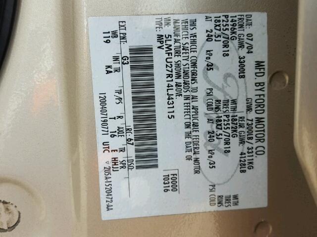 5LMFU27R14LJ43115 - 2004 LINCOLN NAVIGATOR ბეჟი ფოტო 10