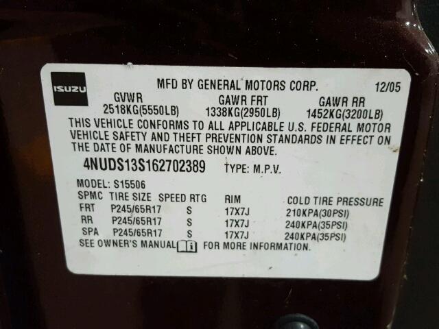 4NUDS13S162702389 - 2006 ISUZU ASCENDER S MAROON photo 10