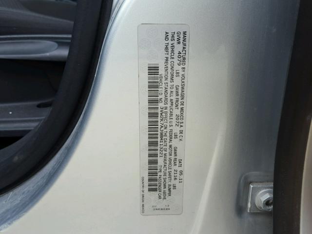 3VW2K7AJ9BM113221 - 2011 VOLKSWAGEN JETTA BASE 银色 照片 10