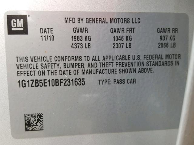 1G1ZB5E10BF231635 - 2011 CHEVROLET MALIBU LS 银色 照片 10