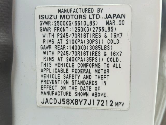 JACDJ58X8Y7J17212 - 2000 ISUZU TROOPER S WHITE photo 10