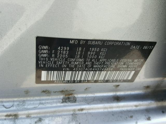 4S3GTAU64H3749856 - 2017 SUBARU IMPREZA LI SILVER photo 10