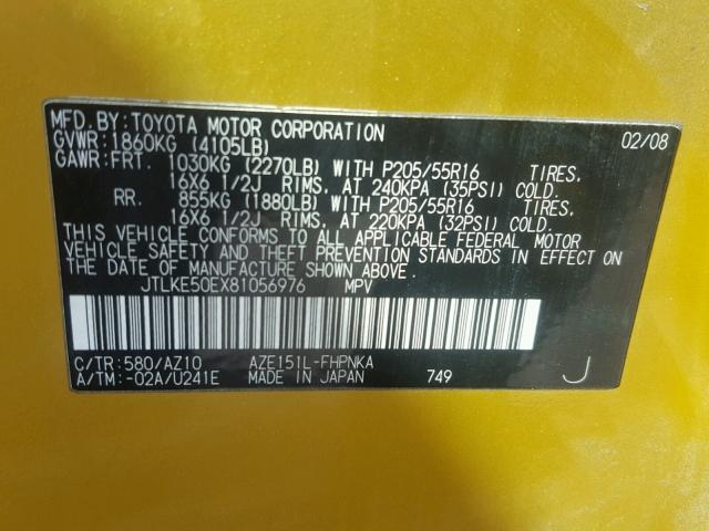 JTLKE50EX81056976 - 2008 TOYOTA SCION XB GOLD photo 10
