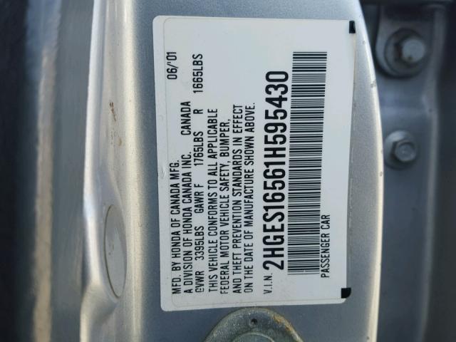 2HGES16561H595430 - 2001 HONDA CIVIC LX SILVER photo 10