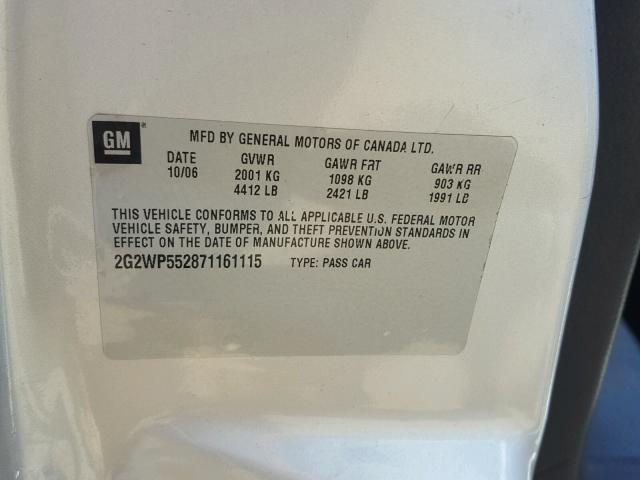 2G2WP552871161115 - 2007 PONTIAC GRAND PRIX SILVER photo 10