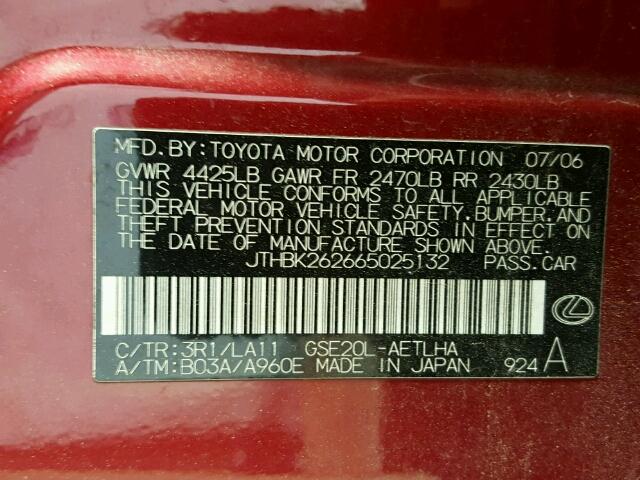 JTHBK262665025132 - 2006 LEXUS IS 250 BURGUNDY photo 10