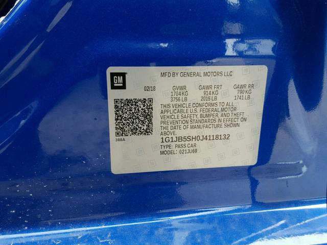 1G1JB5SH0J4118132 - 2018 CHEVROLET SONIC LS 蓝色 照片 10