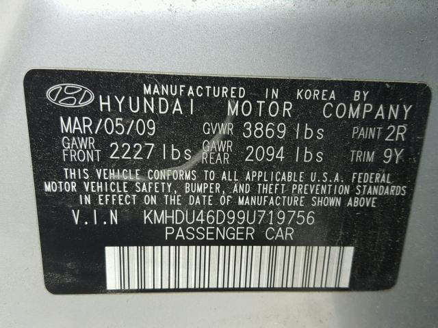 KMHDU46D99U719756 - 2009 HYUNDAI ELANTRA GL SILVER photo 10