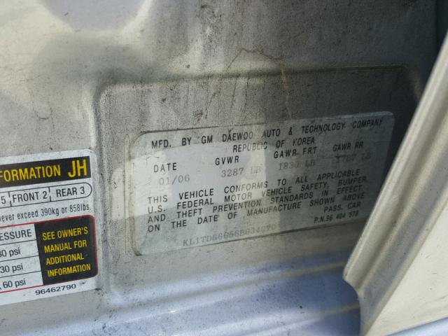 KL1TD66656B634070 - 2006 CHEVROLET AVEO BASE Gümüş fotoğraf 10