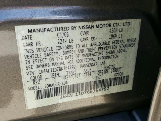 1N4DL11D76N364792 - 2006 NISSAN ALTIMA S/S CHARCOAL photo 10