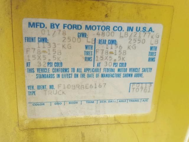 F10BRBE6167 - 1978 FORD PICKUP YELLOW photo 10