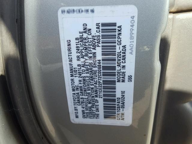 2T1CE22P72C006844 - 2002 TOYOTA CAMRY SOLA SILVER photo 10