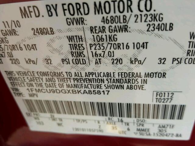 1FMCU9DGXBKA85817 - 2011 FORD ESCAPE XLT RED photo 10