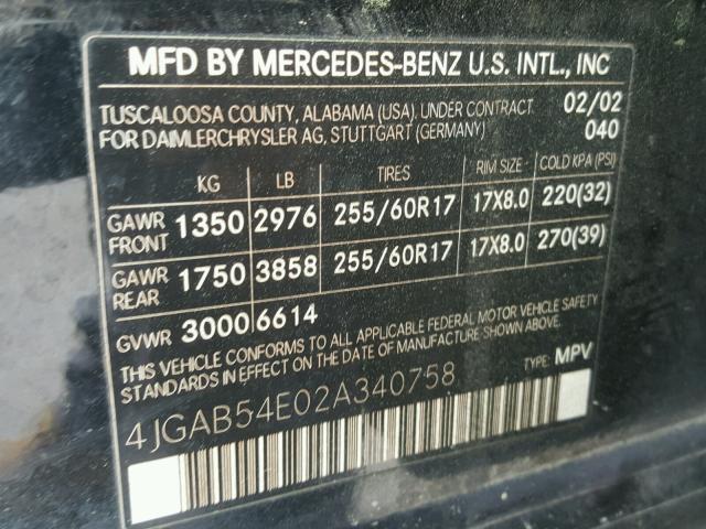 4JGAB54E02A340758 - 2002 MERCEDES-BENZ ML 320 BLACK photo 10