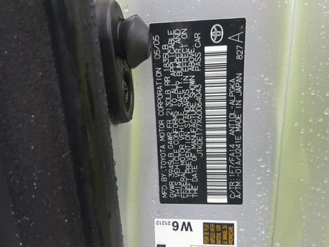 JTKDE177X60064043 - 2006 TOYOTA SCION TC 银色 照片 10