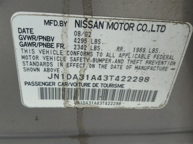 JN1DA31A43T422298 - 2003 NISSAN MAXIMA GLE SILVER photo 10