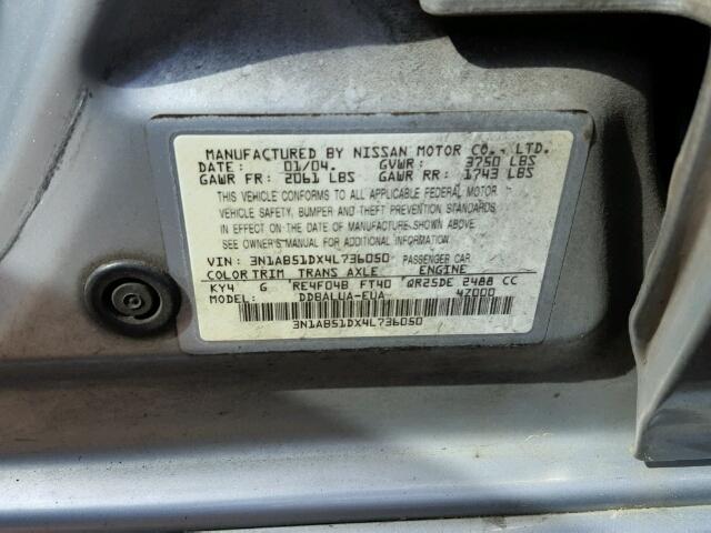 3N1AB51DX4L736050 - 2004 NISSAN SENTRA SE- SILVER photo 10