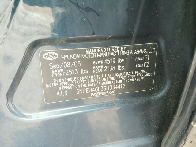 5NPEU46F36H034412 - 2006 HYUNDAI SONATA GLS BLACK photo 10