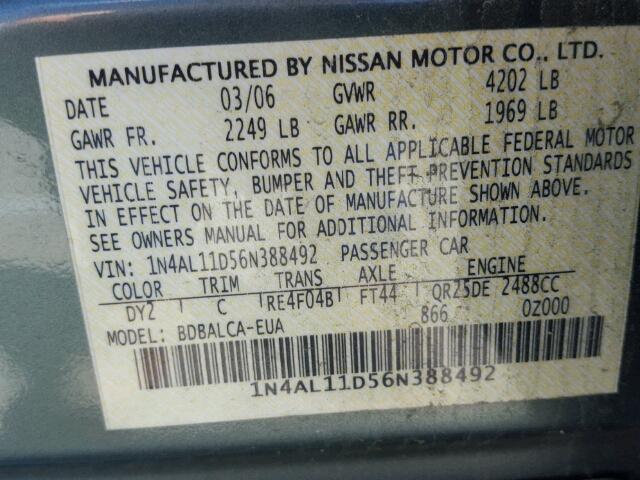 1N4AL11D56N388492 - 2006 NISSAN ALTIMA S GREEN photo 10