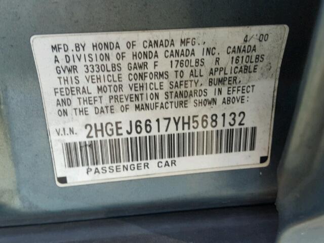 2HGEJ6617YH568132 - 2000 HONDA CIVIC BASE Mavi foto 10