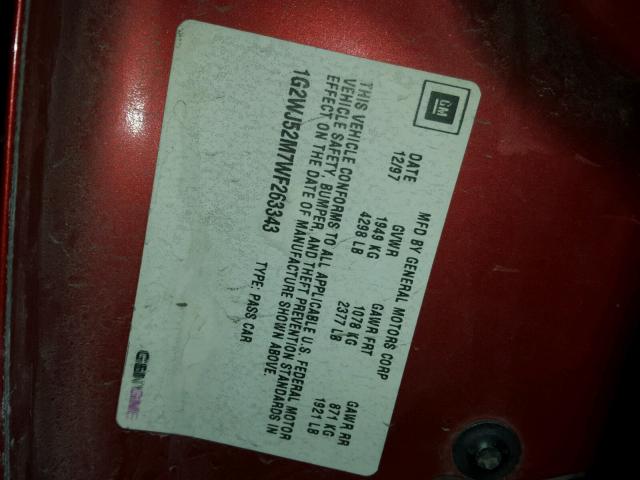 1G2WJ52M7WF263343 - 1998 PONTIAC GRAND PRIX BURGUNDY photo 10