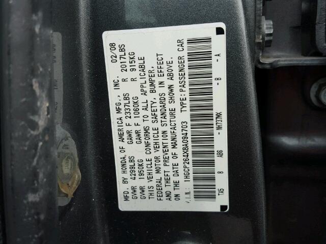 1HGCP264X8A094703 - 2008 HONDA ACCORD LXP GRAY photo 10