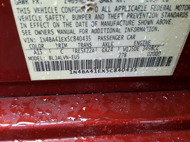 1N4BA41EX5C840435 - 2005 NISSAN MAXIMA SE RED photo 10