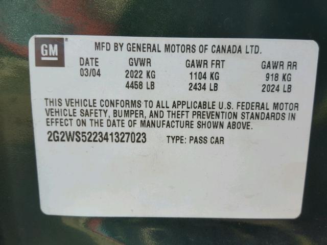 2G2WS522341327023 - 2004 PONTIAC GRAND PRIX Yaşıl foto 10