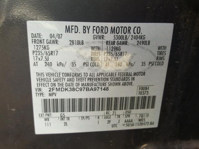 2FMDK38C97BA97148 - 2007 FORD EDGE SEL GRAY photo 10