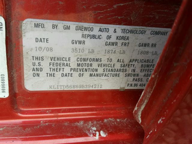 KL1TD56E69B394212 - 2009 CHEVROLET AVEO LS RED photo 10