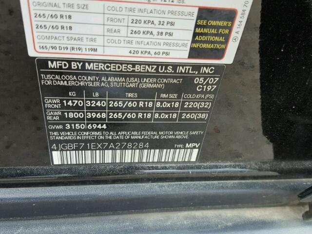 4JGBF71EX7A278284 - 2007 MERCEDES-BENZ GL 450 4MA BLACK photo 10