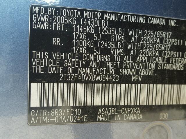 2T3ZF4DVXBW094423 - 2011 TOYOTA RAV4 BLUE photo 10