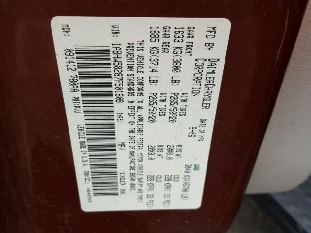 1A8HW58287F501609 - 2007 CHRYSLER ASPEN LIMI MAROON photo 10