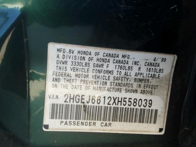 2HGEJ6612XH558039 - 1999 HONDA CIVIC BASE Yaşıl foto 10
