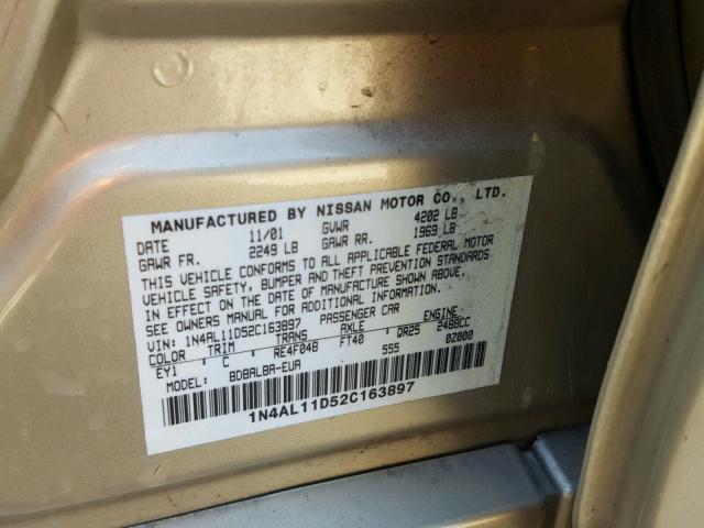 1N4AL11D52C163897 - 2002 NISSAN ALTIMA BAS GOLD photo 10