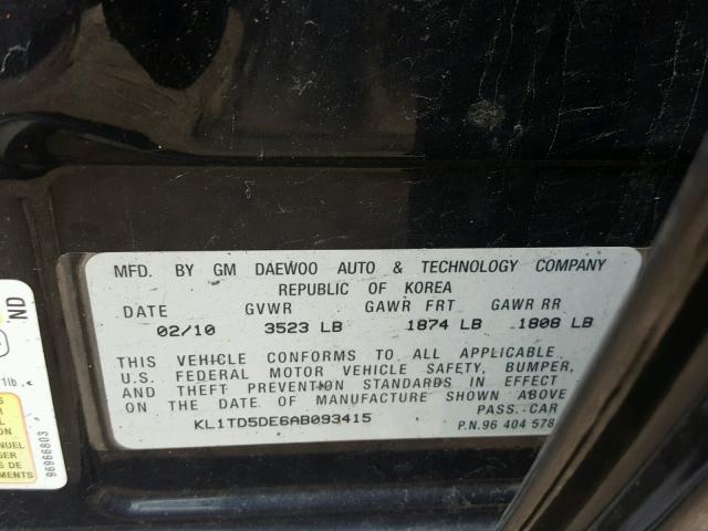 KL1TD5DE6AB093415 - 2010 CHEVROLET AVEO LS BLACK photo 10