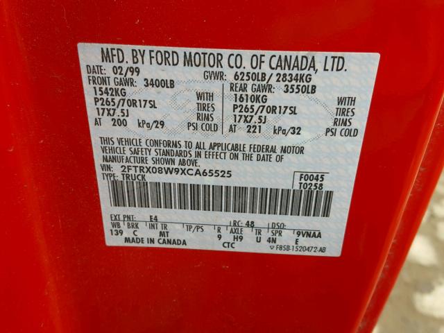 2FTRX08W9XCA65525 - 1999 FORD F150 RED photo 10