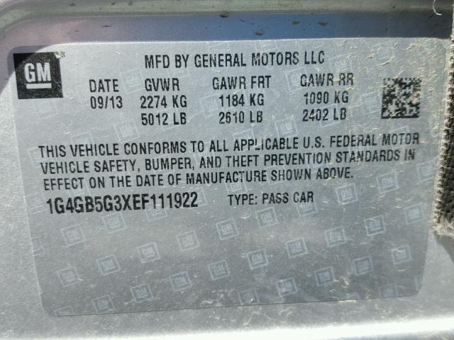 1G4GB5G3XEF111922 - 2014 BUICK LACROSSE SILVER photo 10