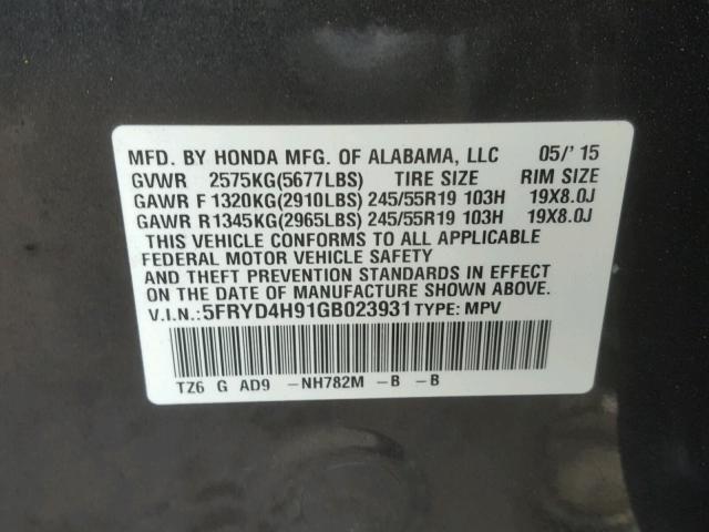 5FRYD4H91GB023931 - 2016 ACURA MDX ADVANC ნაცრისფერი ფოტო 10