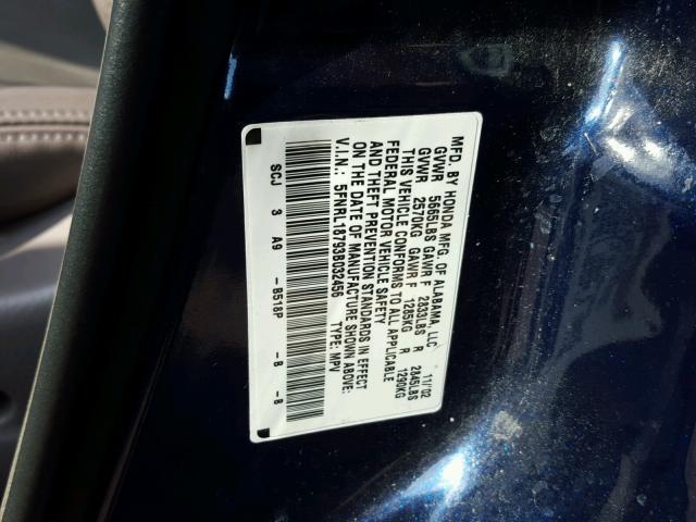 5FNRL18793B032456 - 2003 HONDA ODYSSEY EX BLUE photo 10