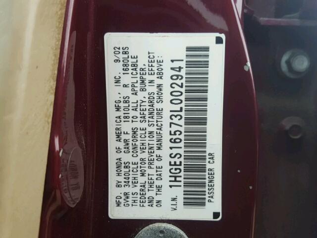 1HGES16573L002941 - 2003 HONDA CIVIC LX MAROON photo 10