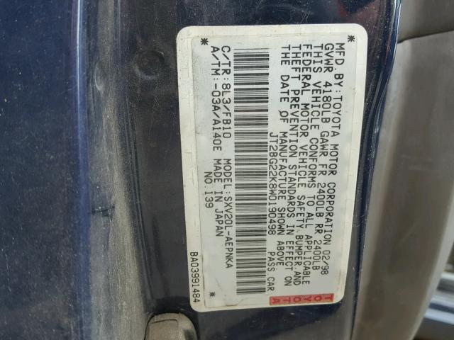 JT2BG22K8W0190498 - 1998 TOYOTA CAMRY CE BLUE photo 10