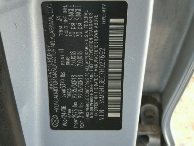 5NMSH13E07H027692 - 2007 HYUNDAI SANTA FE S BLUE photo 10