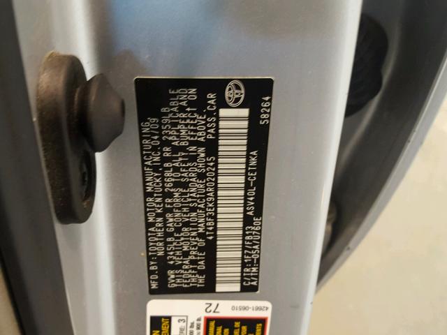 4T4BF3EK9AR020245 - 2010 TOYOTA CAMRY BASE SILVER photo 10