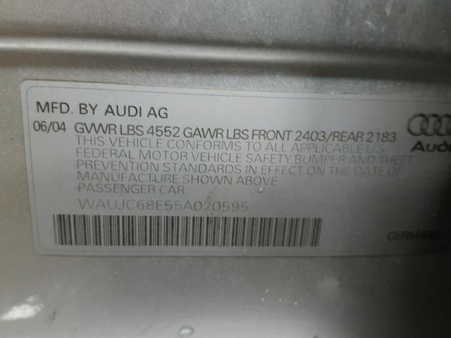 WAUJC68E55A020595 - 2005 AUDI A4 1.8T GRAY photo 10