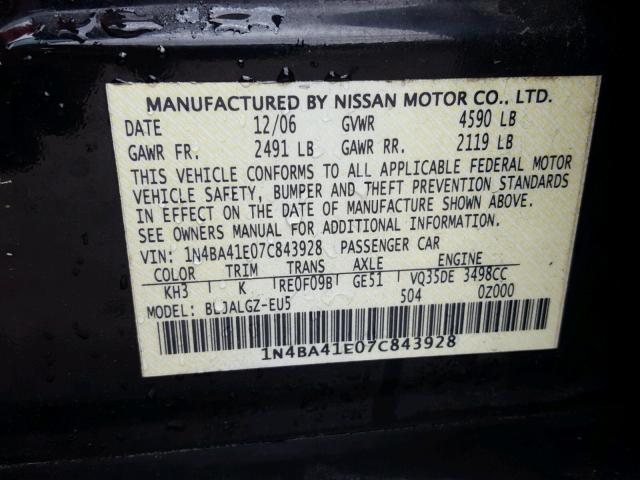 1N4BA41E07C843928 - 2007 NISSAN MAXIMA SE BLACK photo 10