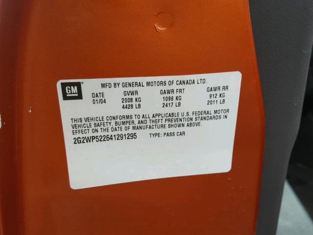 2G2WP522641291295 - 2004 PONTIAC GRAND PRIX ORANGE photo 10