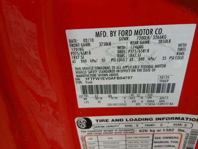 1FTFW1EV0AFB54757 - 2010 FORD F150 SUPER RED photo 10