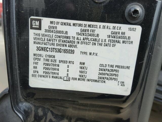 3GNEC13T53G165039 - 2003 CHEVROLET AVALANCHE CHARCOAL photo 10