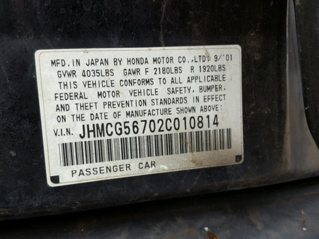 JHMCG56702C010814 - 2002 HONDA ACCORD SE BLACK photo 10